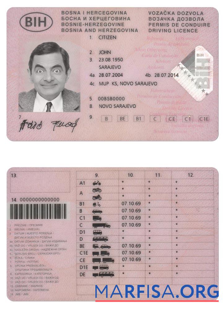 Blank Bosnia and Herzegovina driving license download for verification